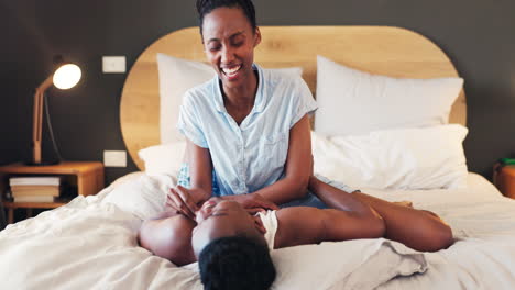 Bedroom-love,-home-and-laughing-black-couple