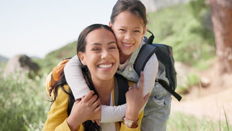 Face,-hug-and-mother-hiking-with-girl-child