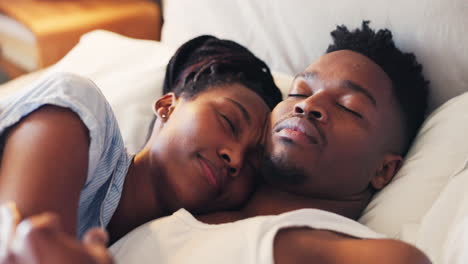 Black-couple,-bedroom-and-sleeping-with-hug