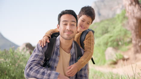 Face,-hug-and-father-hiking-with-boy-child