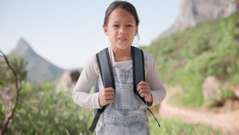Smile,-face-and-kid-on-a-hike-with-backpack