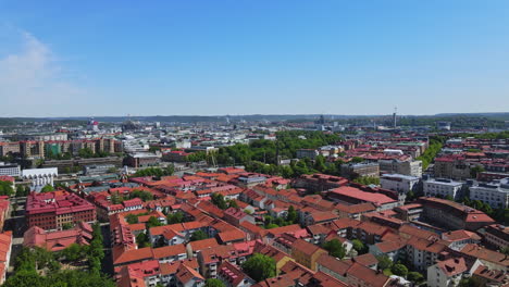 Red-Rooftops-Of-The-Charming-Houses-And-Buildings-In-Skansen-Kronan-Gothenburg-Sweden---aerial-shot