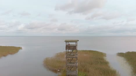 Betrayed-lonely-woman-at-Vortsjarv-lake-watchtower-aerial-reveal