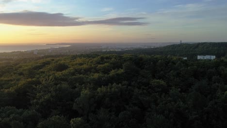 Die-Atemberaubende-Landschaft-Der-Waldoper-In-Sopot,-Polen,-Umgeben-Von-Herrlichen-Bäumen-In-Der-Dämmerung-–-Luftaufnahme