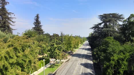 Rising-aerial,-on-residential-street,-covered-with-trees,-suburb-of-Los-Angeles,-CA