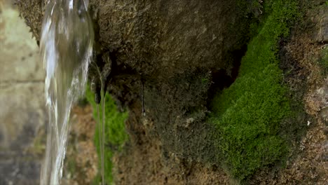 Frisches-Wasser,-Das-Aus-Geschnitztem-Stein-Des-Brunnens-Fällt,-Der-Durch-Feuchtigkeit-Mit-Grünem-Moos-Bedeckt-Ist