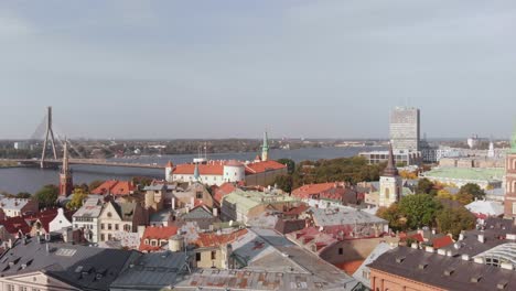 Aerial-drone-flying-above-Riga-cityscape-by-river-bridge-on-sunny-day