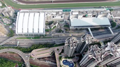Aerial-view-of-Sha-Tin-Racecourse,-one-of-two-Horse-racing-facilities-in-Hong-Kong