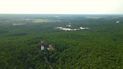Stilo-Lighthouse-At-Sasino-Village-Surrounded-By-Dense-Thicket-Lush-Tree-Forest-In-Osetnik,-Poland