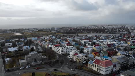 Aerial-view-of-Hallgrimskirkja-Church-in-Reykjavik-in-Iceland-on-a-snowy-day