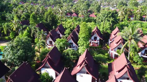 Imágenes-Aéreas-De-Habitaciones-De-Estilo-Asiático-De-Un-Hotel-Entre-Un-Bosque-Selvático-En-Koh-Chang,-Tailandia