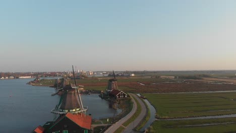 Aerial-view-of-Zaanse-Schans-windmills-unique-part-of-the-Netherlands,-full-of-wooden-houses,-mills,-barns