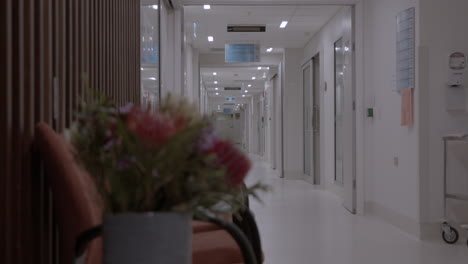 Flurkorridor-Der-Krankenstation-Mit-Regal,-Fokus-Auf-Blumen