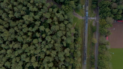 Top-down-aerial-of-cargo-train-driving-over-track-near-forest
