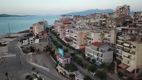 Albanian-cityscape-drone-shot-sunrise-dusk