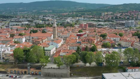 Aerial-arc-shot-circling-around-the-Assumption-Cathedral-in-Koper,-Slovenia
