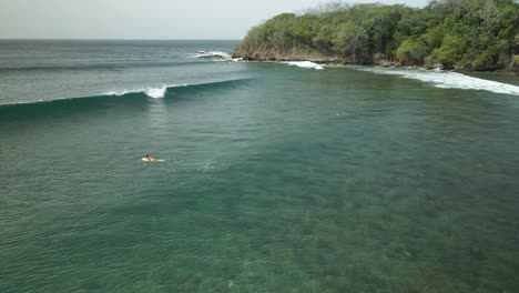 Drone-view-of-a-surfer-paddling-out-to-meet-the-ocean-waves-at-Mt-Irvine-Bay,-Tobago