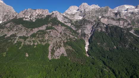 Panoramic-rugged-mountains-range-of-Albanian-Alps,-snow-over-green-wild-forest