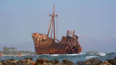 Slow-motion-of-Dimitrios-Greek-Shipwreck-at-Gythio,-Greece
