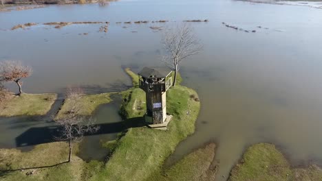 Bird-Observation-Tower-Near-Lake-Drone-Footage