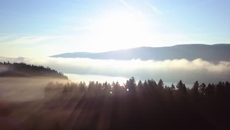 Aerial-view-of-thick-morning-fog-blanketing-lake-during-morning-sunrise-in-swiss-switzerland
