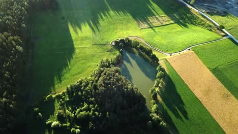 Aerial-landscape-view-of-a-hidden-pond-surrounded-by-trees-on-an-Austrian-mountain-valley