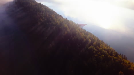Vista-Aérea-De-La-Espesa-Niebla-Matutina-Que-Cubre-El-Lago-Durante-El-Amanecer-De-La-Mañana-En-Suiza-Suiza