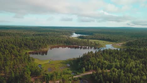 Luftaufnahme-Mit-Vorwärtsneigung-Nach-Unten-über-Wäldern-Und-Seen-Mit-Darauf-Reflektierten-Bäumen-In-Nordfinnland