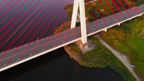 Aerial-shot-of-Cable-Stayed-Bridge-On-Motława-River-In-Gdańsk,-Poland