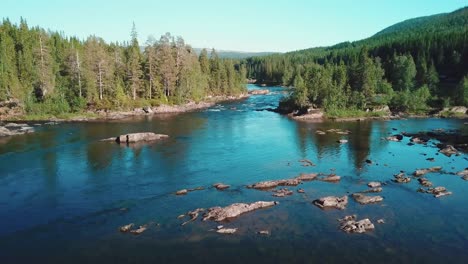 Forward-aerial-shot-over-a-river-in-a-large-forest-in-mid-Norway