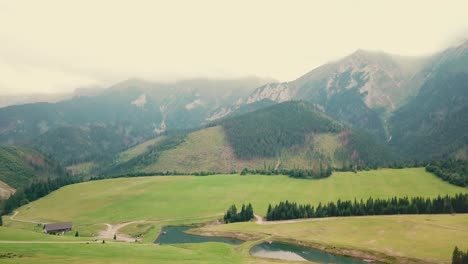 Forward-drone-shot-over-a-valley-next-to-mountains