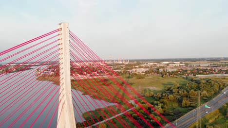Aerial-pan-shot-of-Cable-Stayed-Bridge-On-Motława-River-In-Gdansk,-Poland