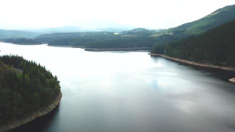 Forward-drone-shot-over-a-lake-on-a-cloudy-day-and-forest-all-around