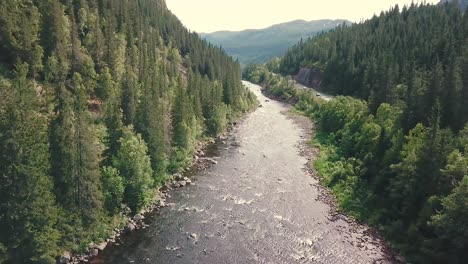 Forward-panning-drone-shot-over-a-river-next-to-a-road-in-a-forest-and-gradually-crane-down