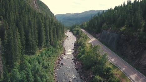 Crane-down,-high-angle-drone-shot-over-a-river-next-to-a-road-in-a-forest