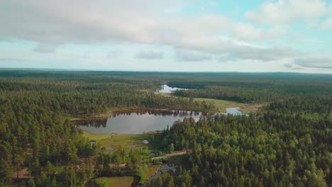 Forward-panoramic-aerial-shot-over-forests-and-lakes-with-trees-reflected-on-them-in-north-Finland