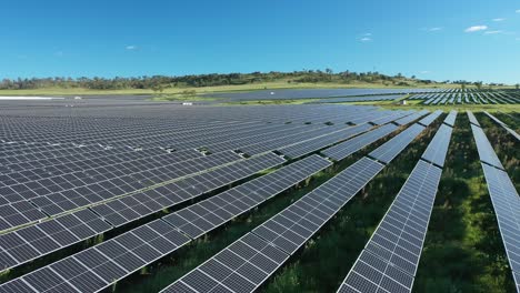 Drone-shot-of-Solar-Farm,-flying-over-field-of-solar-panels,-shot-at-in-afternoon,-in-Warwick-Queensland-Australia-4K