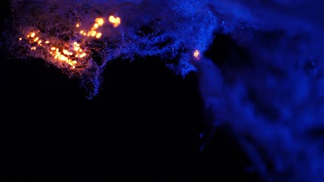 macro-of-steel-wool-getting-burned-from-left-to-right-on-blue-background