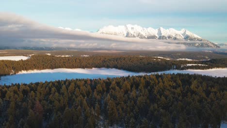 A-Sunset-Aerial-View-of-a-Snowy-Forest-in-the-Canadian-Rocky-Mountains:-A-Winter-Wonderland