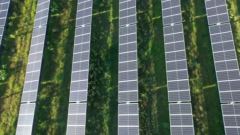 Drone-shot-of-Solar-Farm,-flying-over-field-of-solar-panels,-camera-looking-down-then-panning-up,-shot-at-in-afternoon,-in-Warwick-Queensland-Australia-4K
