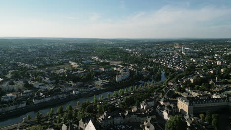 Sarthe-river-crossing-Le-Mans-town-center-cityscape,-France