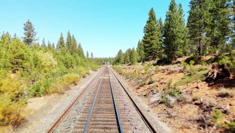 aerial-low-flight-over-a-mountain-railroad-with-pine-trees-and-a-blue-sky