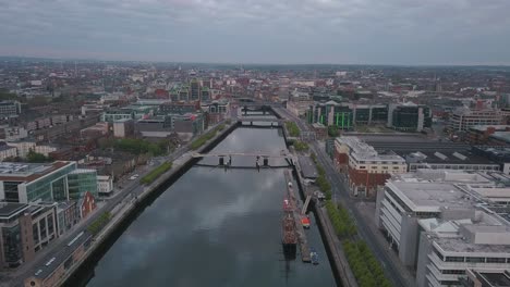 Aerial-view-of-Dublin-City-in-4K,-beautiful-morning-in-the-Irish-Capital