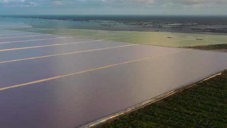 wetlands-of-Las-Coloradas-with-salt-producing-lakes-during-sunset-in-Mexico,-aerial