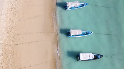 Bird's-eye-areal-drone-footage-of-stunning-crystal-clear-turquoise-ocean-and-white-purple-sand-with-waves-slowly-splashing-on-the-empty-tropical-Bali-beach