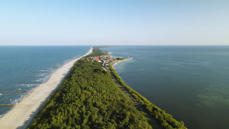 Stunning-aerial-view-of-Hel-Peninsula-with-sandy-beach-and-dense-forest