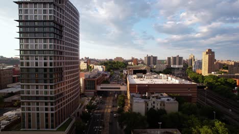 Aerial-view-towards-the-Hostos-Center-for-the-Arts-and-Culture,-sunset-in-Bronx,-NY