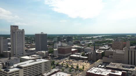 Little-Rock-City-Arkansas-USA,-Aerial-View-of-Downtown-Buildings-on-Sunny-Summer-Day,-Ascending-Drone-Shot