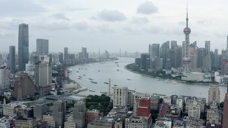 Central-Shanghai-city-skyline,-The-Bund,-aerial-view