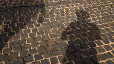 A-man-casting-his-own-shadow-while-standing-on-a-brick-street-pavement-as-other-people-pass-by-casting-their-own-shadows-as-well